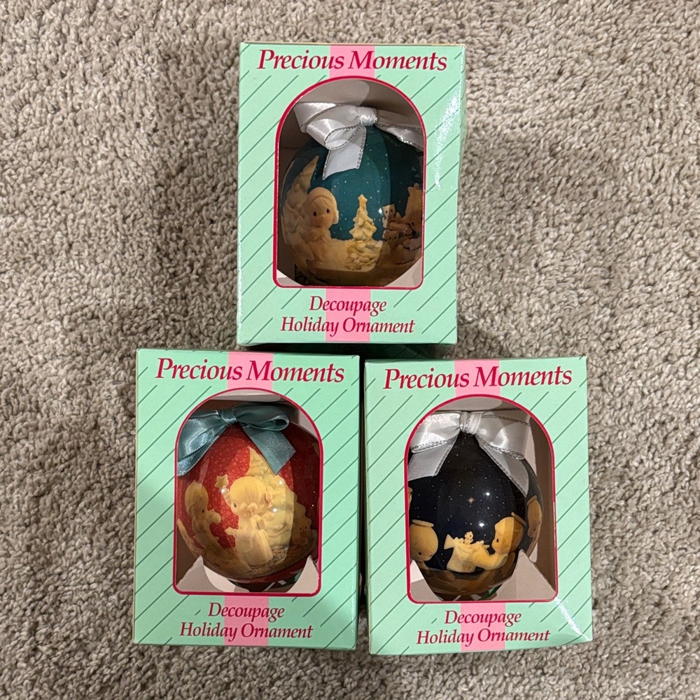 Precious Moments Decoupage Holiday Ornaments - Set of 3 - Red, Blue, and Black